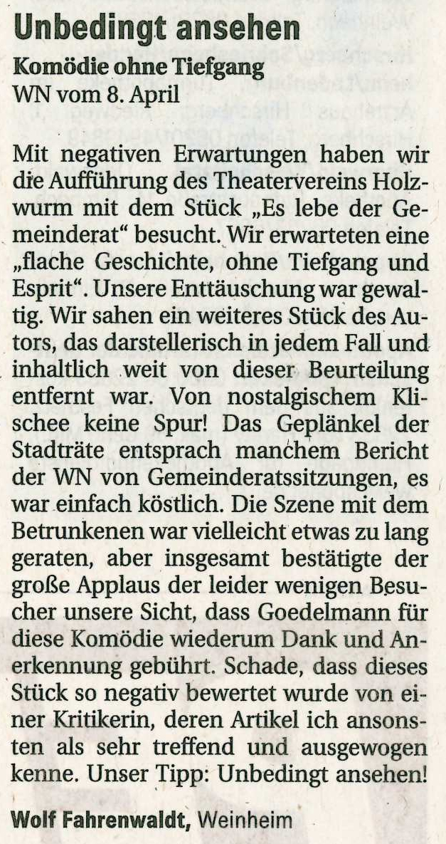 Ein Hoch auf den Gemeinderat - Weinheimer Nachrichten April 2016