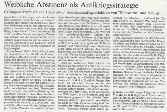 Lysistrate - Weinheimer Nachrichten 02. Mai 2003